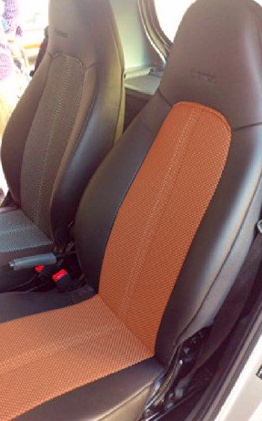 Two Car Seat Covers | Leatherette & Two Tone Synthetic | Custom Made, Compatible With Smart Fortwo 2015-...(453) (With Side Belt Clip) | Fishnet Design | Black & Orange (Middle) - Black (Sides) #TOP2