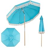 COSTWAY Ombrellone da Spiaggia 180 cm, Inclinabile Regolabile 30°, Palo in Legno, 8 Stecch...