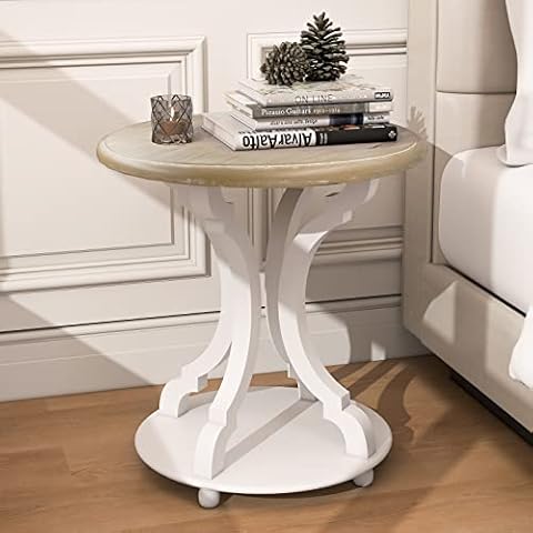 FINECASA Round End Table with Shelf 22 x 24'' Small Side Table with Curved Legs for Small Spaces Accent Farmhouse Tall Side Table Living Room, Bedroom, Entryway, Bedside (Wood/White) Cover
