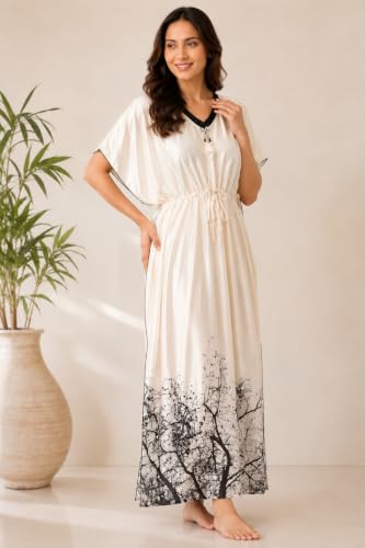 Image of Noty Women's Kaftan Nighty | Digital Print | Sarena Fabric | V Shaped Neck Nightwear | Nightdress for Girl