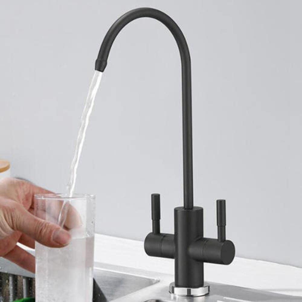 WDSOPK Water Filter Tap Stainless Steel Double Water Inlet Pure Water Faucet-Black (Black A)