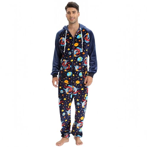 PCOSLay Mens Flannel 1-Piece Pajamas Adult Sleepwear with Hood and Pockets for Cozy Home Comfort Fleece for Lounge Wear Sleepsuit