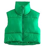 Women's Winter Cropped Puffer Vest Crop Jackets For Women Full Zip Stand Up Collar Padded Lightweight Outwear Vest Green XL