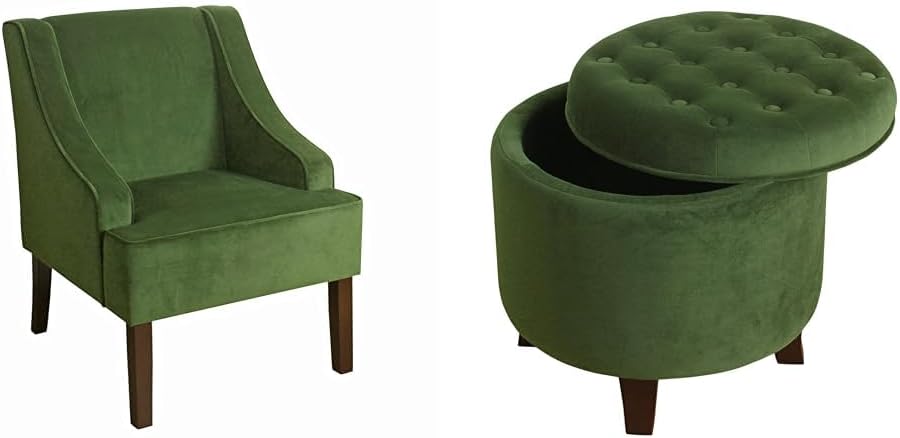 HomePop Velvet Living Room Chair and Round Storage Ottoman, Dark Green