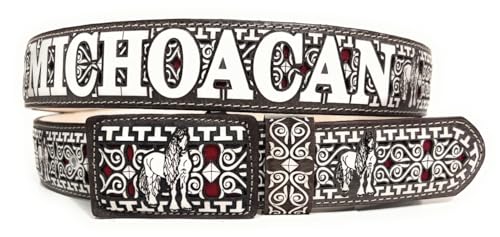 Men's Laser Cut Michoacan Brown Western Belt, Saddle Horse Cinto Charro Vaquero Michoacan