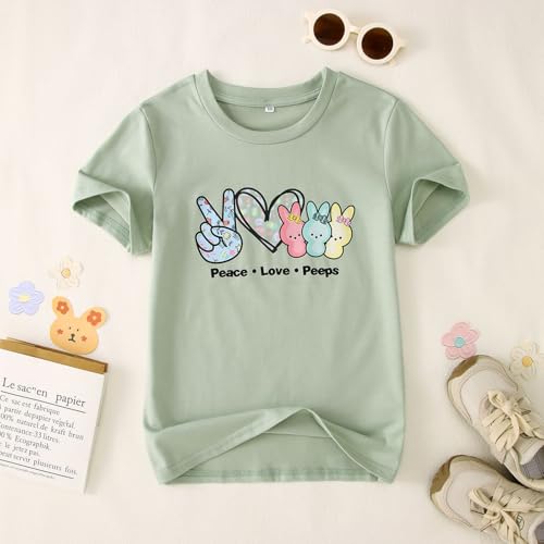 Image of SOFEON Kids Girls Easter Shirt Bunny Peace Love Peeps T-Shirt Cute Funny Rabbit Graphic Tees Short Sleeve Casual Tops
