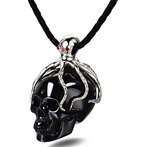 Skullis Necklace of Black Obsidian Crystal Skull Pendant with RUBY eyes, 925 Sterling Silver Chain, Skull Jewelry.