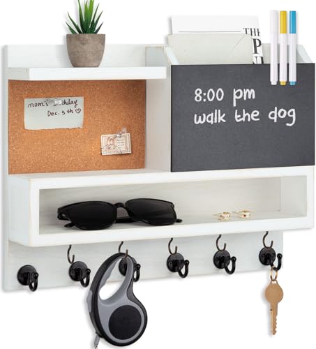 Key Holder for Wall Mount with Mail Organizer, Farmhouse Key Holder for Wall with Shelf, Chalkboard&Corkboard, Entryway Organizer 11 Metal Hooks, Decorative Natural Pine Wood, 14.6*11.1*3.3”, A-White
