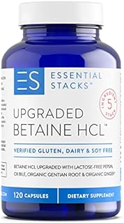 Essential Stacks Betaine HCL with Pepsin, Ox Bile, Organic Gentian & Ginger - Betaine Hydrochloride Supplement w Digestive Enzymes, Bile & Bitters - Gluten, Dairy & Soy Free (120 Capsules)