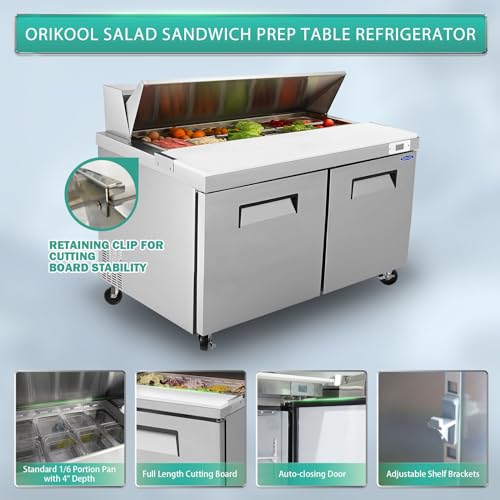 Image of Commercial Refrigerators,60 inch Cold Storage Worktop,Steel Sandwich & Salad Prep Table with Butcher Block and Protection Lid,Defrost System,16 Pans Up to 4 inch Deep,for Restaurant,Bar,ETL Certified,Silver