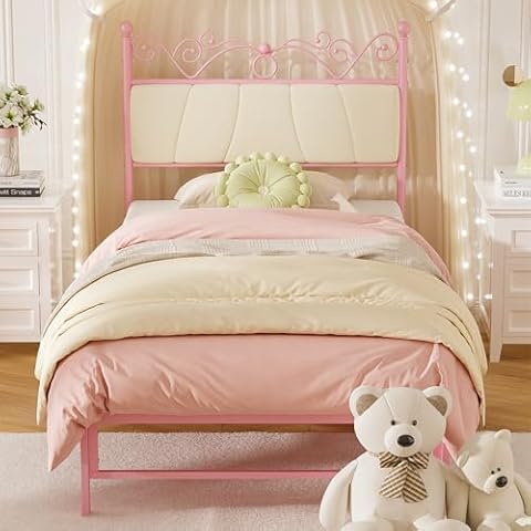 Weehom Twin Bed Frames with Headboard for Girls, Modern Twin Upholstered Bed Frame, Pink Twin Size Bed Frames for Kids, Noise-Free, No Box-Spring Needed Cover