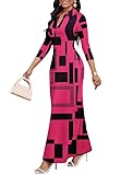 MarryUP Women's V Neck 3/4 Sleeve Bodycon Maxi Dress Casual Long African Print Holiday Dresses for Women Rose Block L