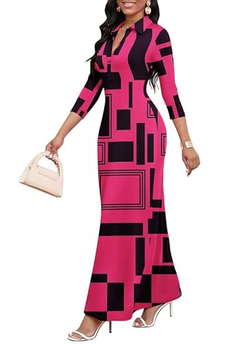 MarryUP Women's V Neck 3/4 Sleeve Bodycon Maxi Dress Casual Long African Print Holiday Dresses for Women Rose Block L