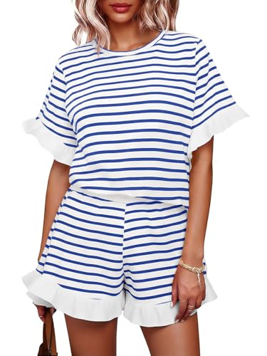 Image of Tankaneo Womens 2 Piece Striped Shorts Set Ruffle Short Sleeve Tops Hight Waist Shorts Matching Sets Summer Vacation Outfits