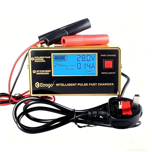 Etrogo 12V 24V Intelligent Battery Charger 10A with Large Display,Repair Funtion,UK Mains Powered,for GEL,VRLA,EFB,AGM,Flooded battery,Dry-charged battery for Car,motorcycles,trucks,Van