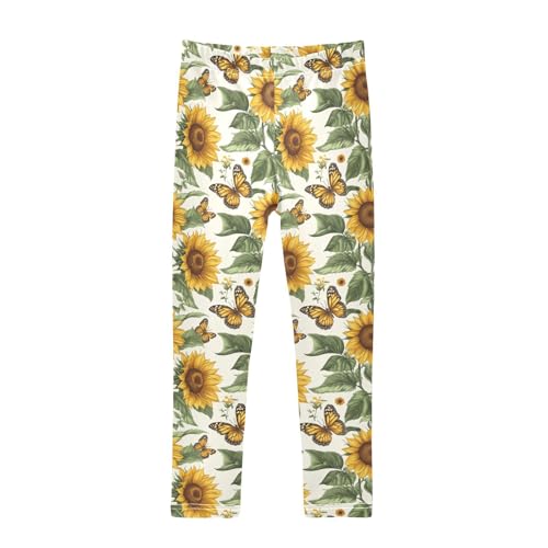 Yellow Sunflower Butterflies Vintage Girls Leggings Ultra Soft Compression Yoga Gym Pants for Kids 4-10T