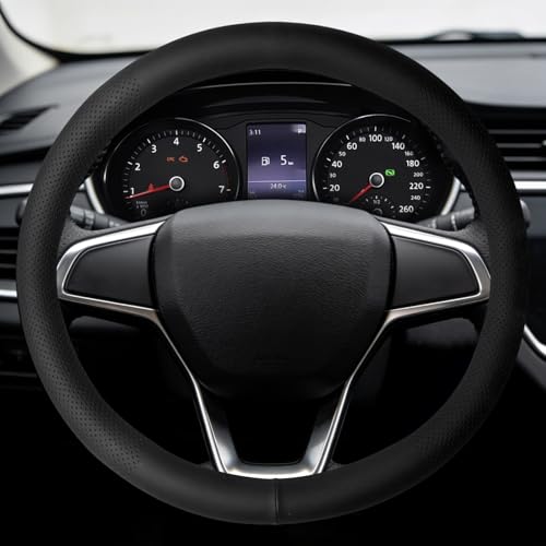 SDLDEER Auto Lenkradbezug 37-38 cm Universal Lenkradbezug Leder Steering Wheel Cover Kunstleder rutschfest Bequem für Sommer & Winter (Schwarz)