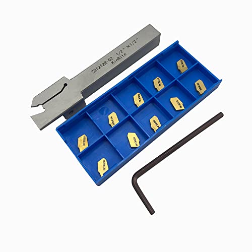 1/2" 3/8" Indexable Lathe Grooving Parting Holder with 10 Pieces GTN- SP200 Heavy Duty Nickel Plated ZQ1212R02 Right -Hand Cut Off Tool Carbide Inserts (1/2" ZQ1212R02 with 10pcs Inserts)