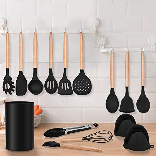 Homikit 25-Piece Kitchen Cooking Utensils Set With Holder, Silicone Spatula Spoon Ladle Turner Skimmer For Nonstick Cookware, Kitchen Tools Gadgets With Wooden Handle, Black #TOP6