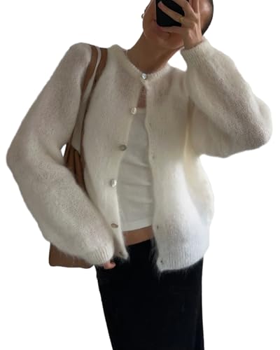Women's Crewneck Solid Cardigan Casual Button Down Long Sleeve Knitwear Sweater Tops