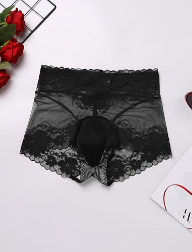 Men's Sexy Breathable Transparent Mesh Boxer Briefs Underwear Sheer Lace Panties with Bulge Pouch Underpants3