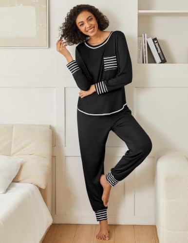 Image of Ekouaer 2 Pack Womens Pajama Sets Long Sleeve Lounge Sets Soft Pj Loungewear Sleepwear
