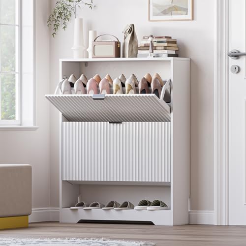 Image of BORNOON Shoe Cabinet with 2 Flip Drawers, Fluted Shoe Storage Cabinet with Adjustable Shelves, Freestanding Rack and Organizer for Entryway, Closet, Hallway
