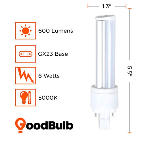 Goodbulb 9 Watt Replacement Horizontal Led Plug-In Light Bulbs | Commercial 6 Watt Type B 2 Pin Gx23 Base 5000K Daylight | High Output 600 Lumens | 120° Beam Led Pl Light Bulbs | 10 Pack #TOP1