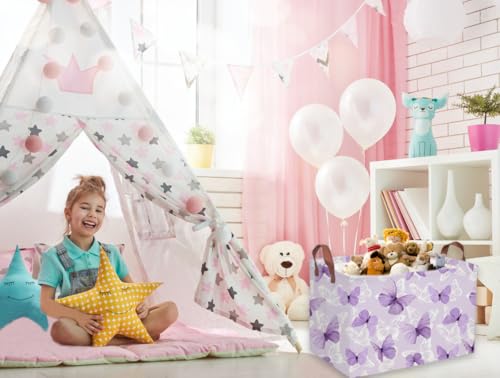 Image of Sanjiaofeng Rectangular Kids Basket Butterfly Storage Bins,Girls Storage Basket with Handles.Clothers,Toys,Books,Kid's Gifts Bins. (Purple Butterfly)