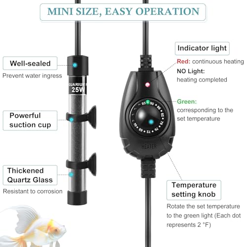 Image of HITOP 15W /25W /35W Mini Aquarium Heater Submersible Small Fish Tank Heater for up to 10Gallons Fish Tanks, Fish Bowls, Betta Heater with External Temperature Controller