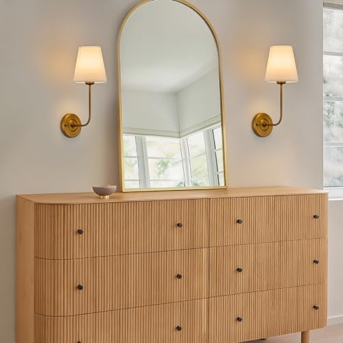 Image of Hardwired Wall Sconce Set of 2 with Flared Shape White Textile Shade Curved Arm and Antique Brass Finish Metal Base,Perfect for Bedroom Living Room Bathroom Vanity Area