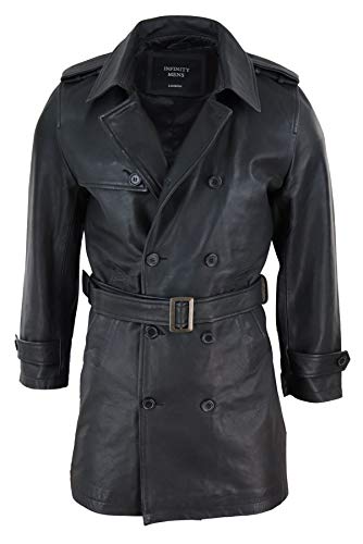Mens Black 3/4 Trench Coat Real Leather Belted Jacket Classic Soft Napa Classic