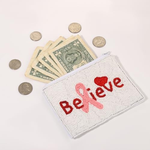 Image of Breast Cancer Awareness Beaded Coin Bag White Pink Believe Ribbon Cure Coin Purse Small Wallets Bead Clutch (Ribbon Believe)
