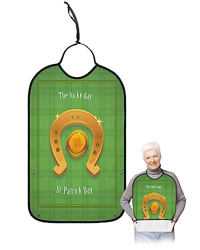 St. Patrick's Day Adult Bibs for Eating, Waterproof Bibs with Food Catcher & Adjustable Snap Closure, Green Checkered Horseshoe Gold Washable Clothing Protectors Adult Bibs for Elderly Women/Men