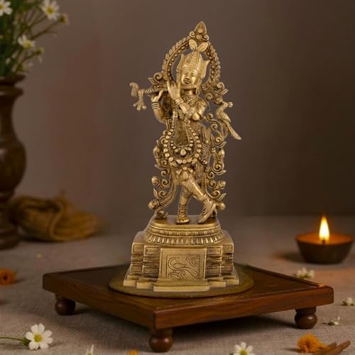 Image of Shree Krishna Idol with Flute Vrindavan Krishna Idol|100% Pure Brass Big Size Statue 35 cm, 2.5 Kg |Krishna Murti for Home Decor, Pooja Room, Mandir Decoration