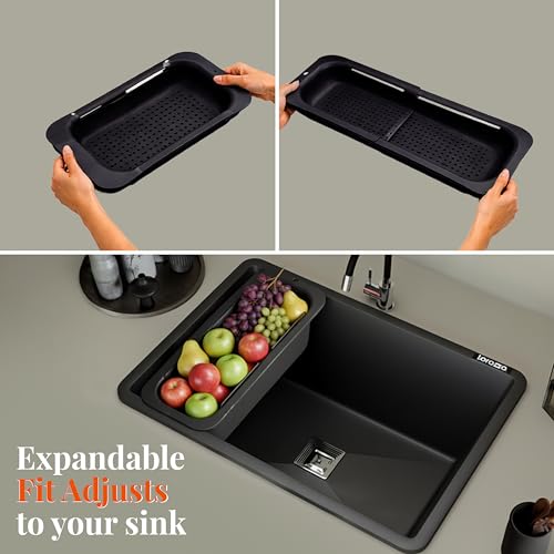 Image of Lorazzo Kitchen Sink Basket - Over The Sink Expandable Colander for Vegetable & Fruit Washing | Drain Basket & Sink Strainer | Adjustable Kitchen Sink Accessories | 1-Year Warranty (Matte Black)