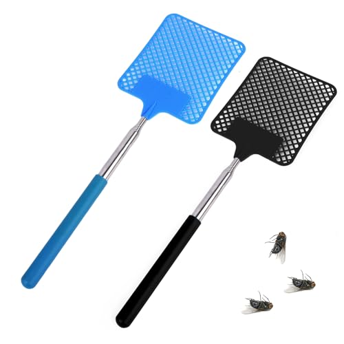 ShiWuYou 2 Pack Fly Swatter, Extendable Fly Swatters, Manual Fly Swat Pest Control for Indoor Outdoor Mosquito Wasp Bug Insect, Black+Blue