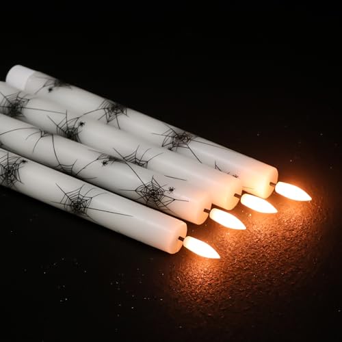Image of Halloween Flameless Taper Candles with Remote Timer, 4 Pack LED Flickering Candlestick, 9.65 Inch Battery Operated Real Wax with Spider Web Prints Halloween Decor Indoor