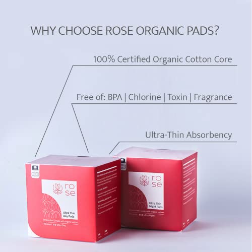 Rose Organic Cotton Night Pads | Ultra Thin Pads With Wings | Perfect Absorbency | Ultra-Absorbent Sanitary Pads For Women | Hypoallergenic 100% Organic Cotton Core And Top Sheet 10 Count #TOP3