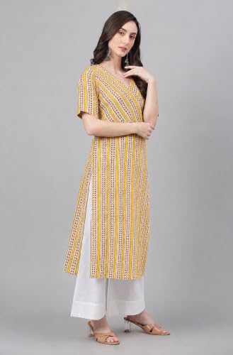 Image of Janasya Women's Mustard Pure Cotton Striped Printed Straight Kurta