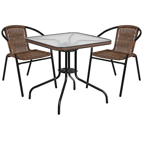 Flash Furniture Lila 3-Piece 28' Square Indoor/Outdoor Patio Table and Chairs Set, Glass Metal Bistro Table and 2 Stacking Rattan Chairs, Brown