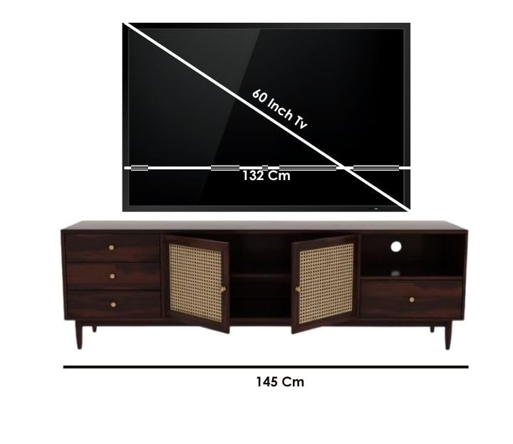 Image of MISAN Modern TV Table | Solid Sheesham Wood Sideboard TV Unit for Living Room, Bedroom, Office Furniture Stand | Wooden Free Standing Entertainment Unit Side Board Table with Storage (F-Hony)