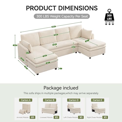 Image of 110 inch Sectional Couches with Double Chaises, Comfy Deep Dual-Layer Cushion Couch, 6 Seater U Shaped Couch, Modern Modular Sofa, Chenille Sofas for Living Room, Apartment, Beige