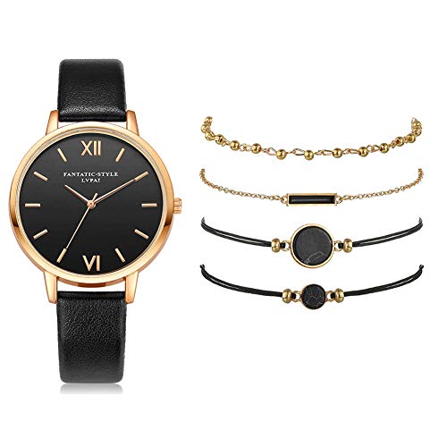 La Cabina Demiawaking Montre Bracelet pour Femmes Dames Filles, Montre en Cuir PU Ronde Mode Analogique Numérique Quartz, avec 4pcs Bracelets Doré Noir en Cristal Strass (Noir)