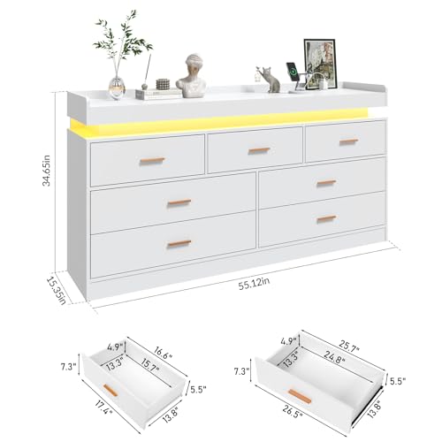 Image of jiteentarou 7 Drawer Dresser with Charging Station and LED Lights, Modern Chest of Drawers with Power Outlet, Organizer Cabinet for Bedroom, Living Room, Entryway, White