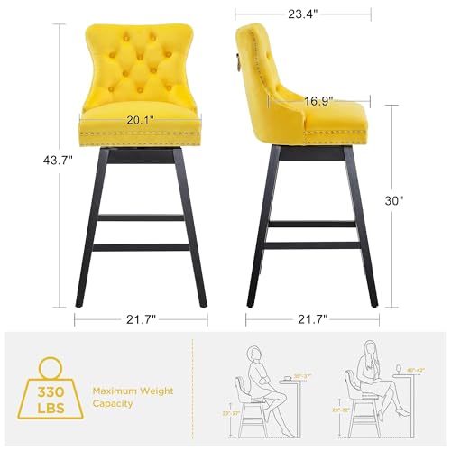 Image of Yellow Swivel Bar Stools, Velvet Counter Height Bar Stool Set of 6 | 360 Swivel Bar Chairs, Solid Wood Legs, Upholstered Kitchen Island Stools, Modern Extra Wide Seat (Yellow, 26 inch H, 6 Pack)