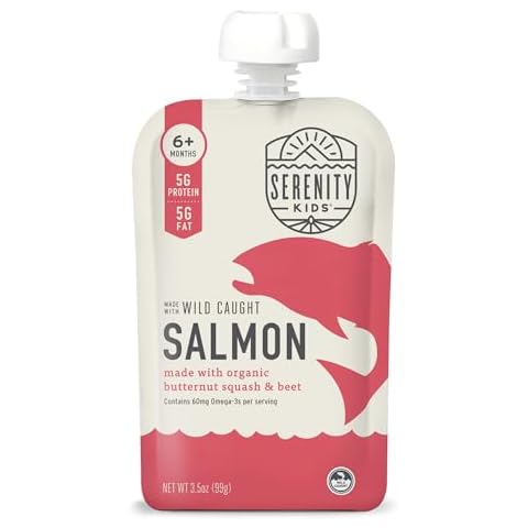 Serenity Kids 6+ Months Baby Food Pouches Puree Made With Ethically Sourced Meats & Organic Veggies | 3.5 Ounce BPA-Free Pouch | Wild Caught Salmon, Butternut Squash, Beet | 1 Count Cover
