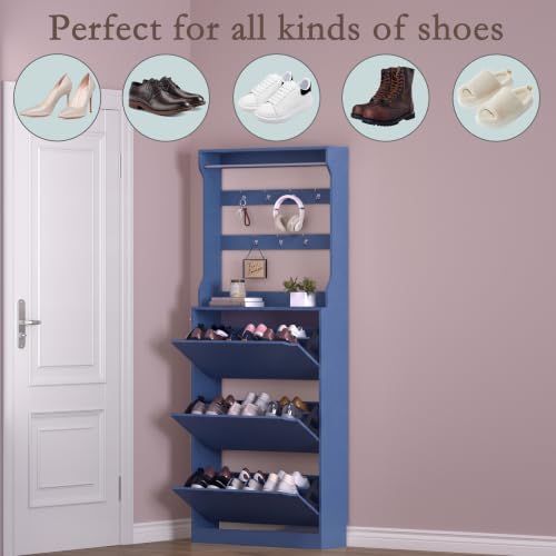 Image of BORNOON Shoe Cabinet with 3 Flip Drawers & Coat Rack, Narrow Hidden Shoe Storage Cabinet, 2-in-1 Hall Tree Slim Freestanding Shoe Rack Organizer for Entryway, Hallway, and Living Room