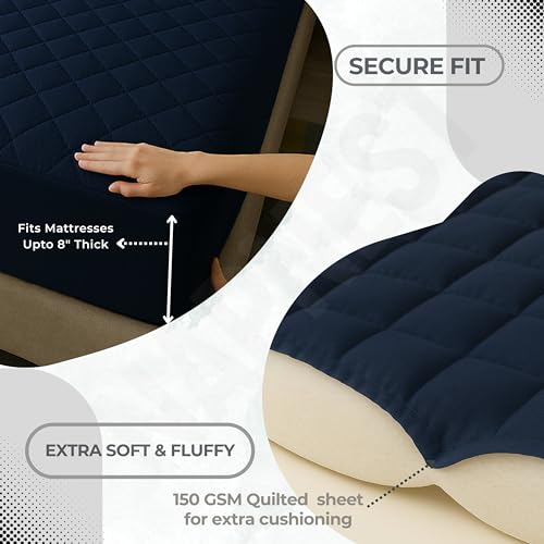 Image of TCD Waterproof Cotton Quilted - Breathable, Hypoallergenic, Noiseless Ultra Soft Fitted Bed Cover with 3 Layers of Protection, 100% Waterproof, No-Slip Design | Navy Blue, Super Queen (60 * 78)