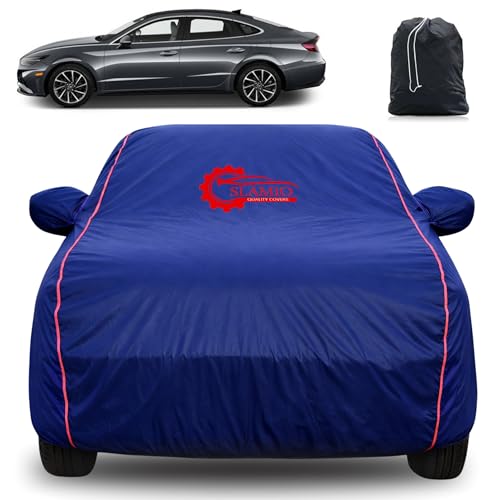 Image of 100% Waterproof Car Cover for Hyundai's Sonata | All-Weather, Dustproof & UV Protection | Heavy-Duty 3-Layer Fabric | Custom Fit with Mirror & Antenna Pocket | Navy Blue